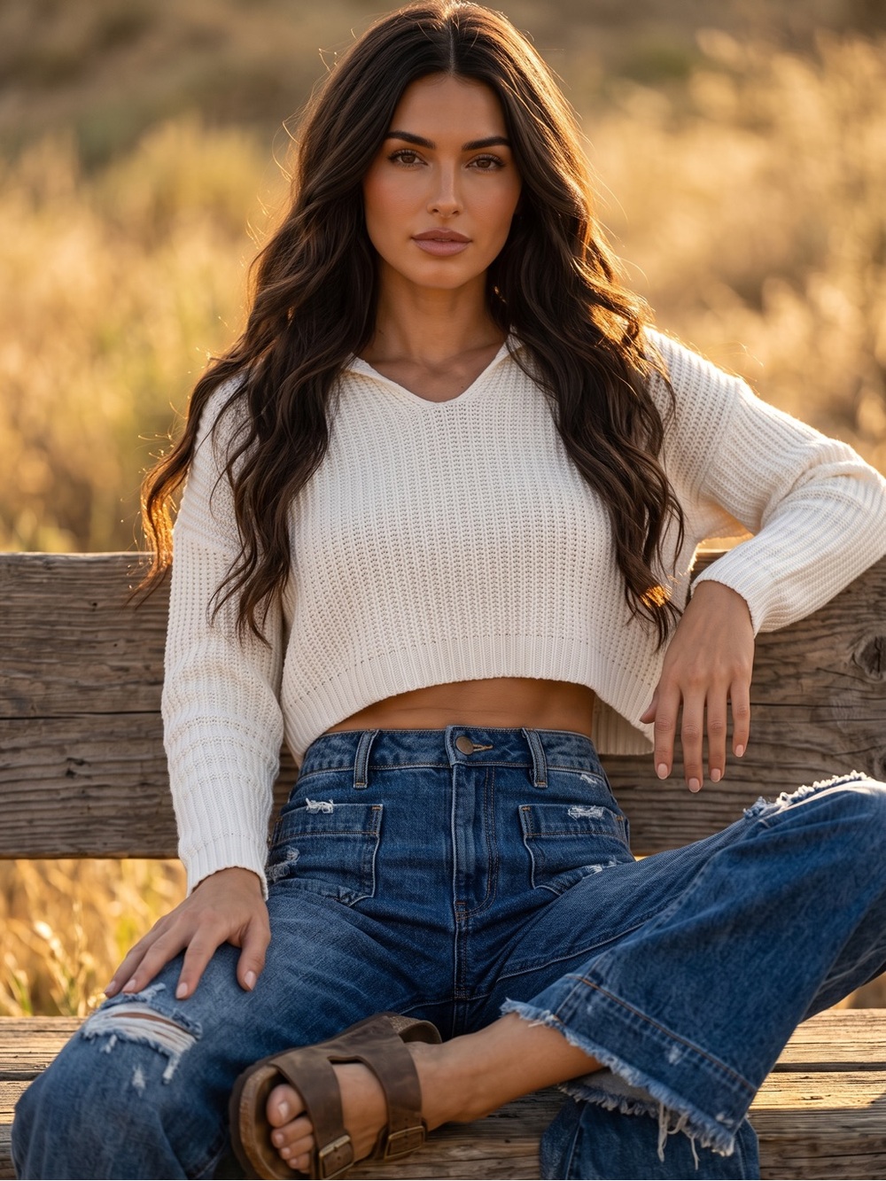 Aeropostale Cream V-Neck Cropped Chunky Knit Sweater
